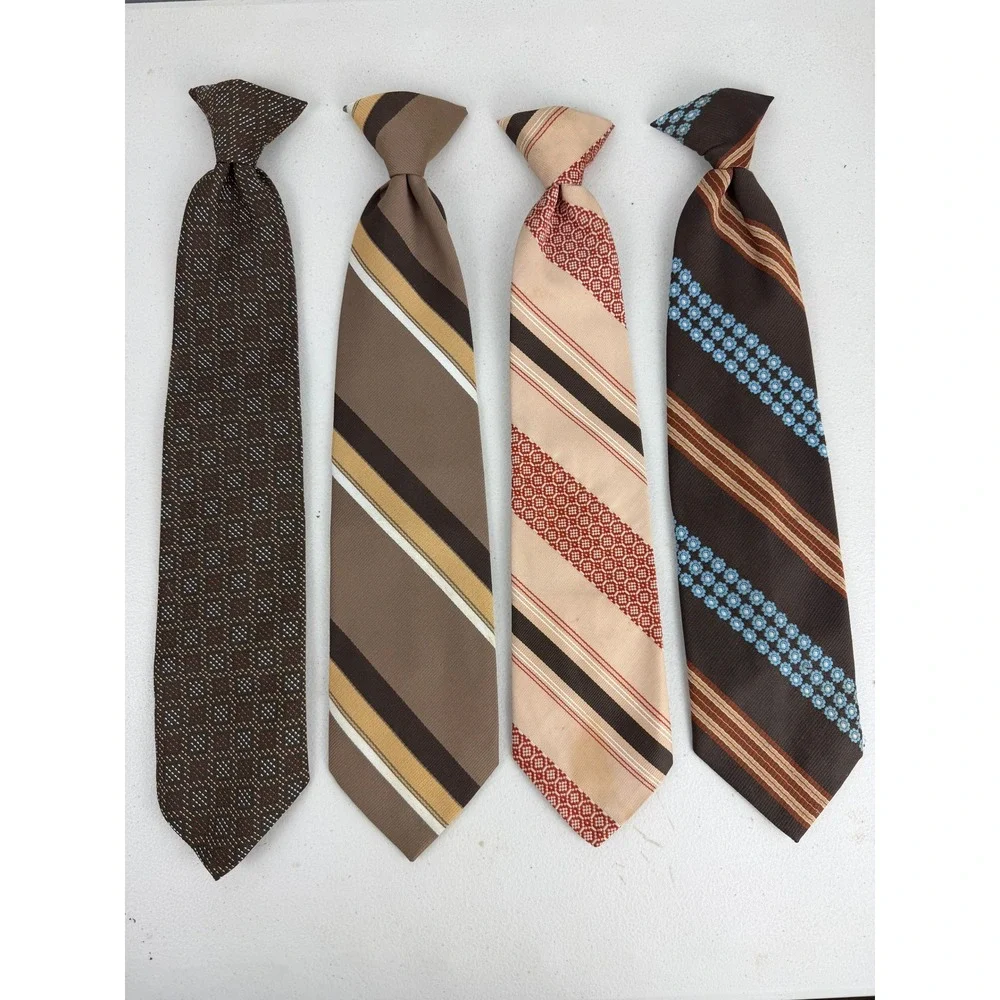 Vintage Clip On Necktie Lot 4 Sears Snapper Courtley Exclusive Brown Tan Striped